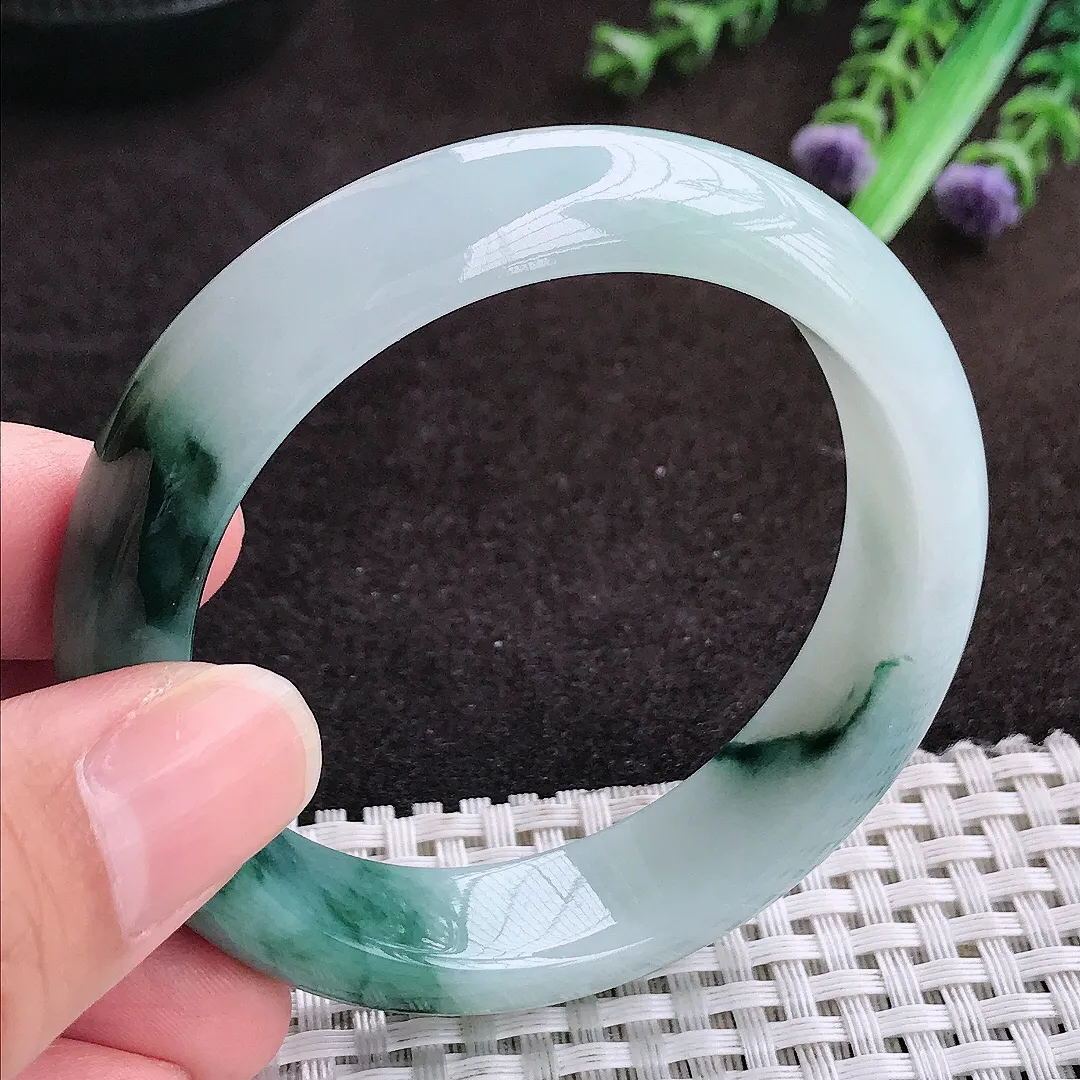 自然光53/13.8/8老坑精美温润飘花手镯宽边翡翠玉镯手环