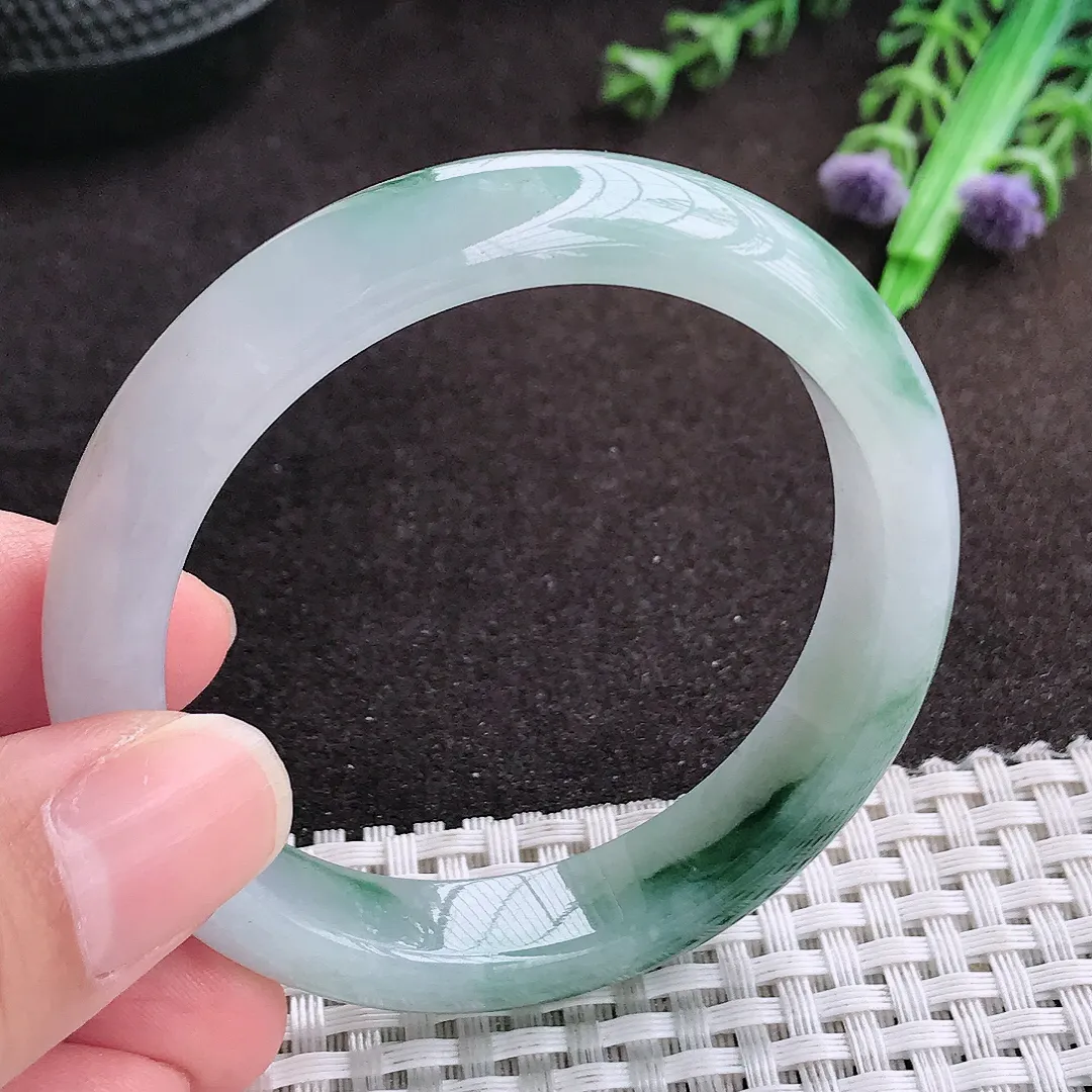 自然光51.8/11.2/7.5老坑冰胶水灵飘花手镯小圈口宽边翡翠玉镯手环
