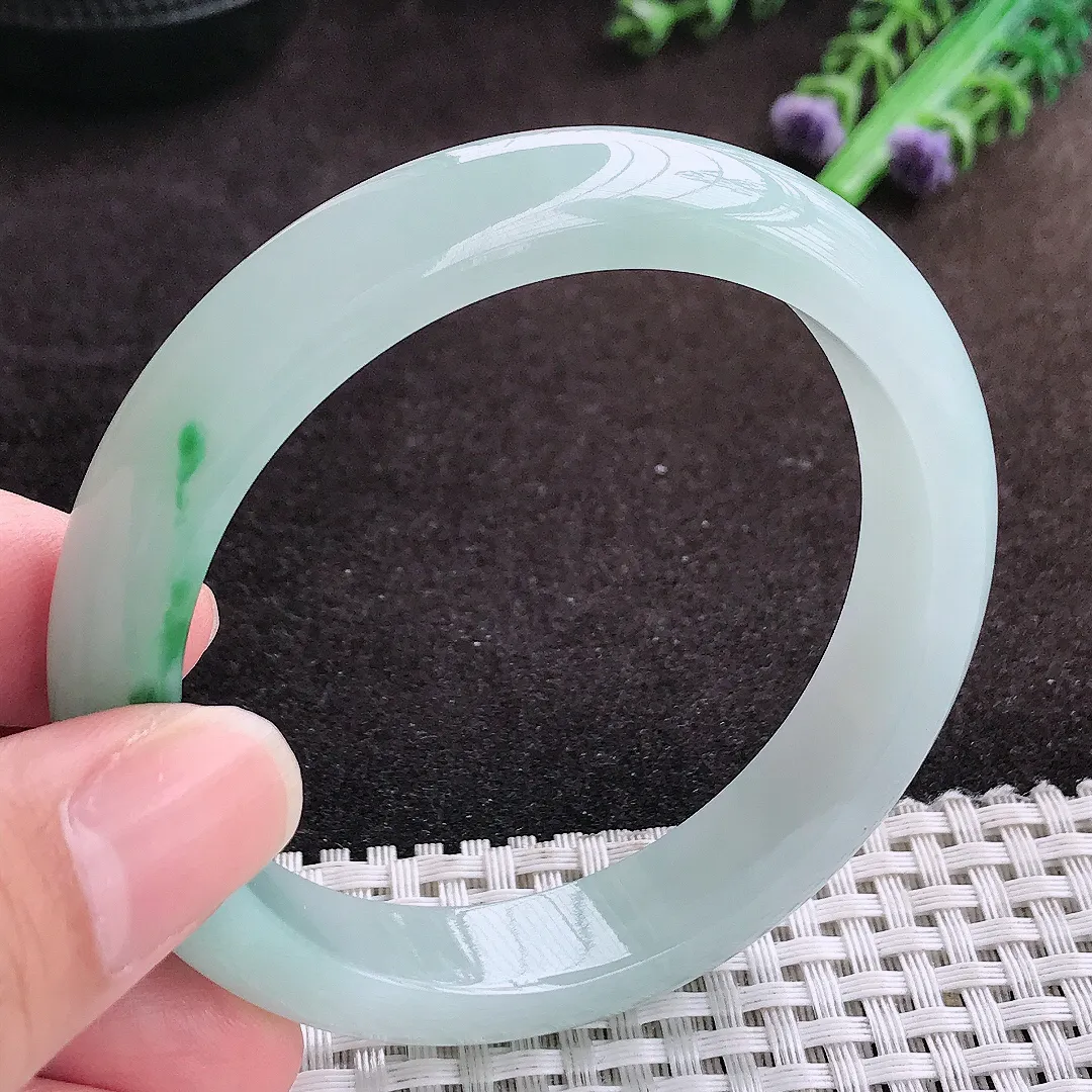 自然光57.5/12/8老坑冰胶果冻飘花手镯宽边翡翠玉镯手环