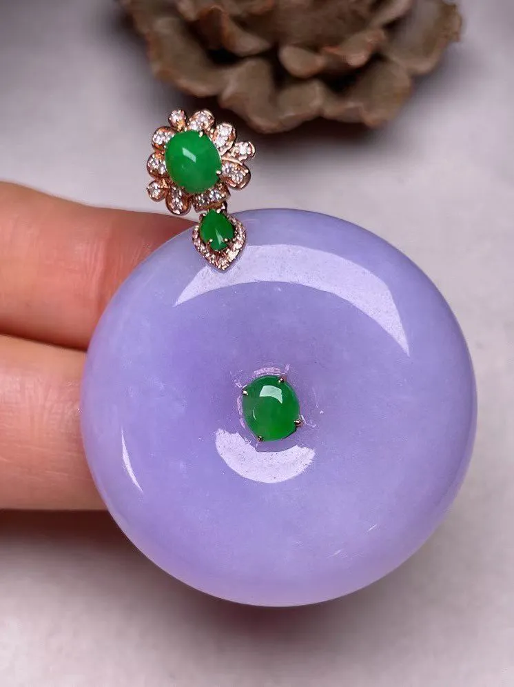 冰糯种紫罗兰平安扣吊坠、真金真钻镶嵌，种水好，玉质细腻 .裸石尺寸 34.8