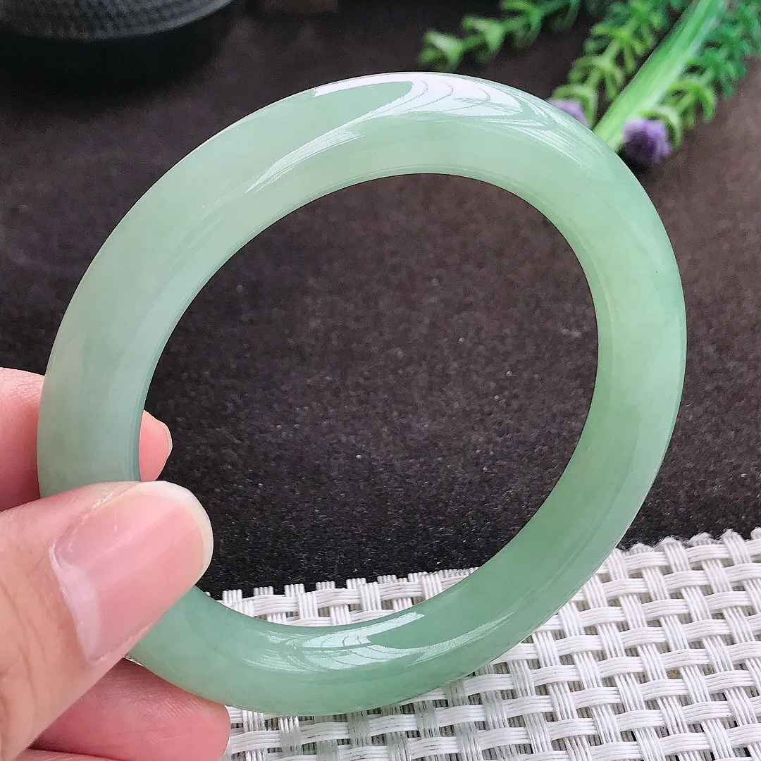 自然光56/9.9/10老坑冰胶果冻冰晴甜绿圆条手镯翡翠玉镯手环