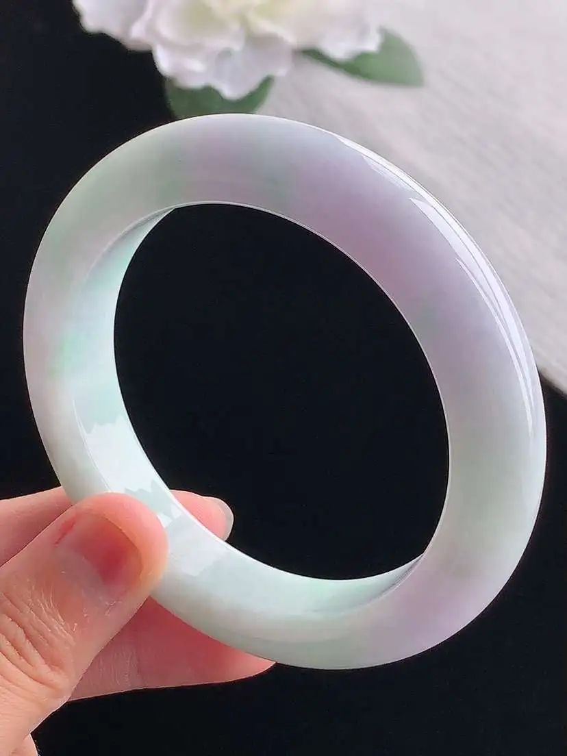 a货翡翠老坑冰种春带彩紫罗兰飘绿厚装正装正圈手镯58-59圈口  尺寸58.5×12.5×10mm 