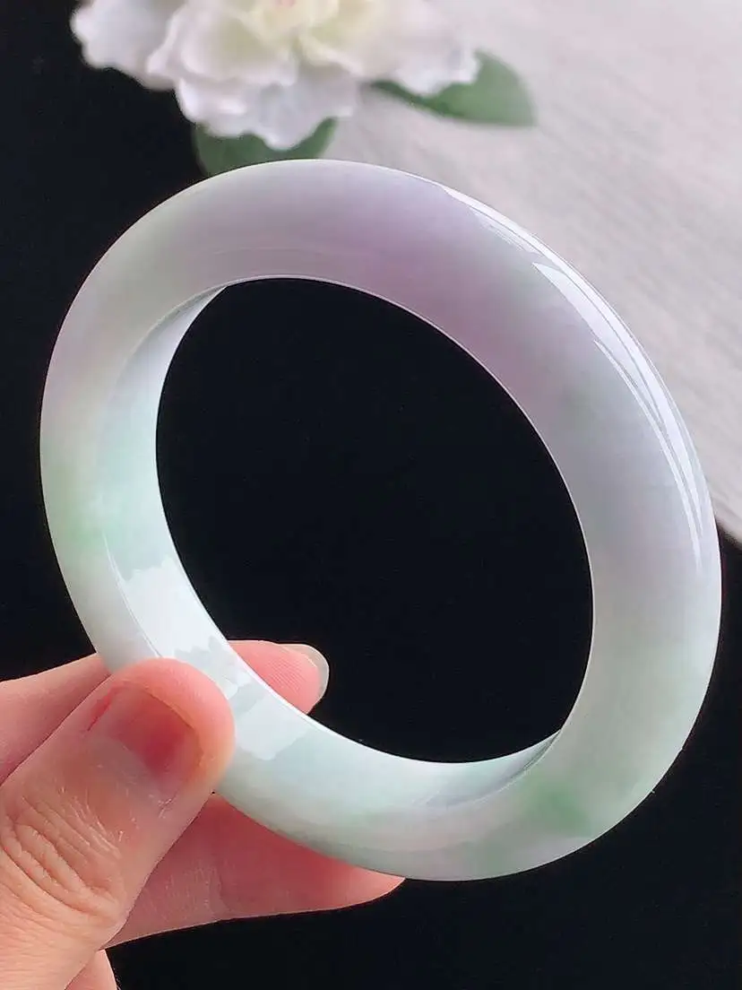 a货翡翠老坑冰种春带彩紫罗兰飘绿厚装正装正圈手镯58-59圈口  尺寸58.5×12.5×10mm 重量79.06g 1101