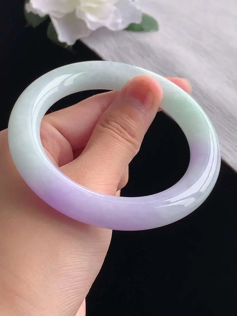 a货翡翠老坑冰种紫罗兰圆条手镯57-58圈口  尺寸57×11mm 重量71.22g 1031
