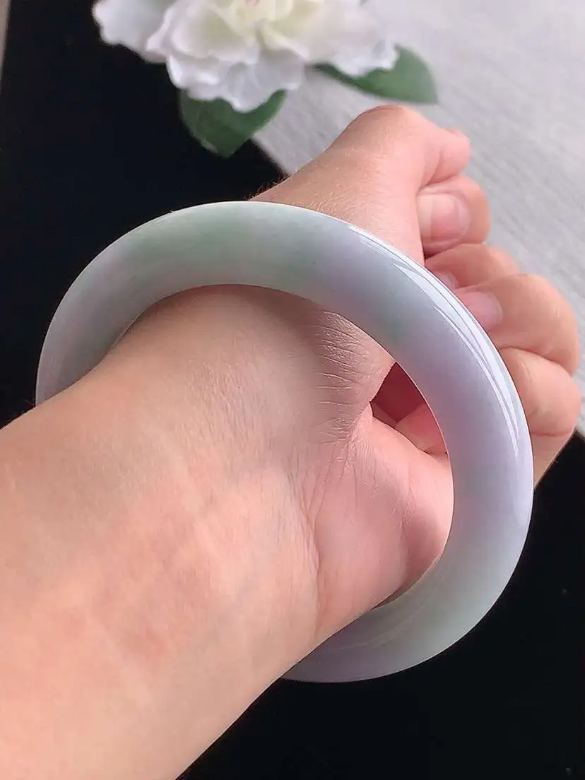 a货翡翠老坑冰种春带彩紫罗兰飘绿厚装正装正圈手镯58-59圈口  尺寸58.5×12.5×10mm 重量79.06g 1101