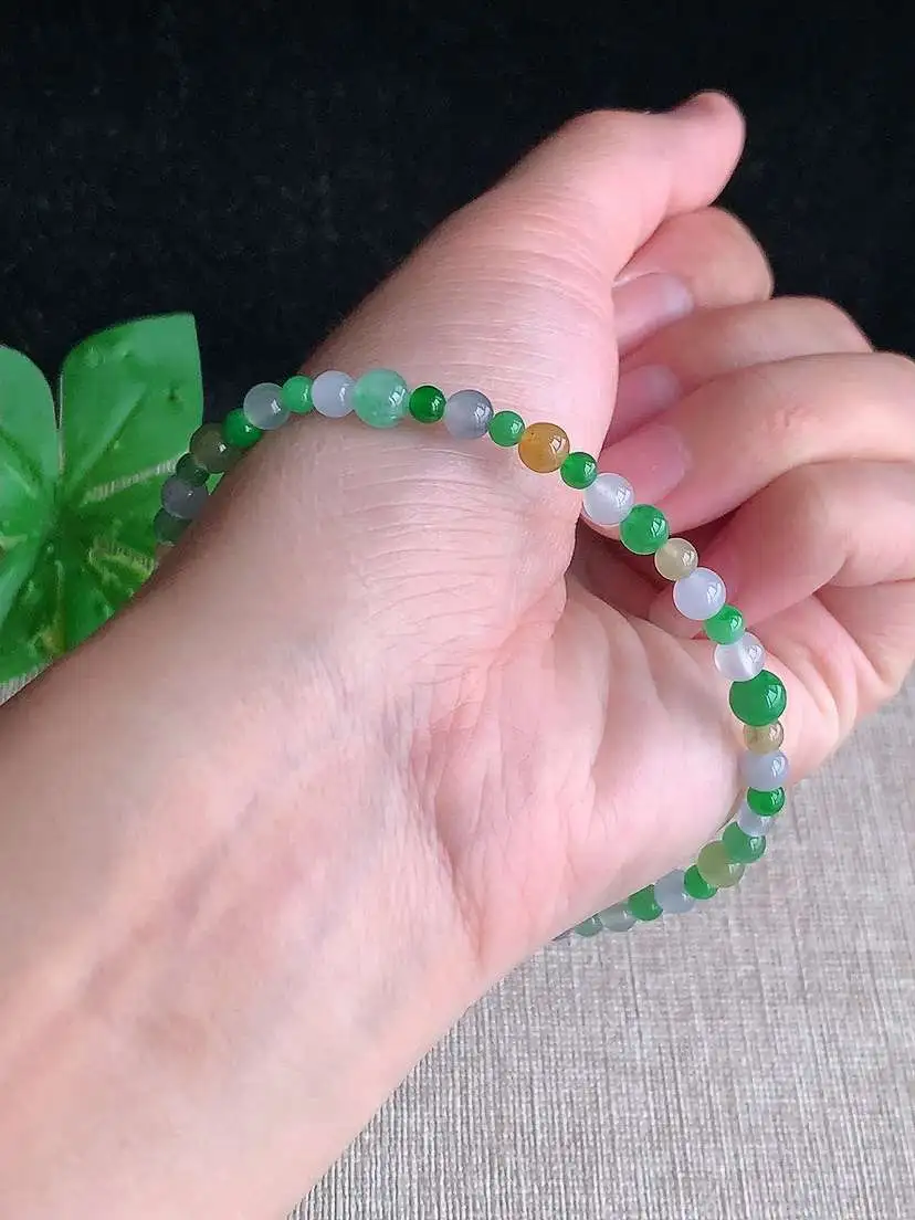 a货翡翠老坑冰种多彩圆珠佛珠手串  尺寸5.5mm 重量7.68g 1101