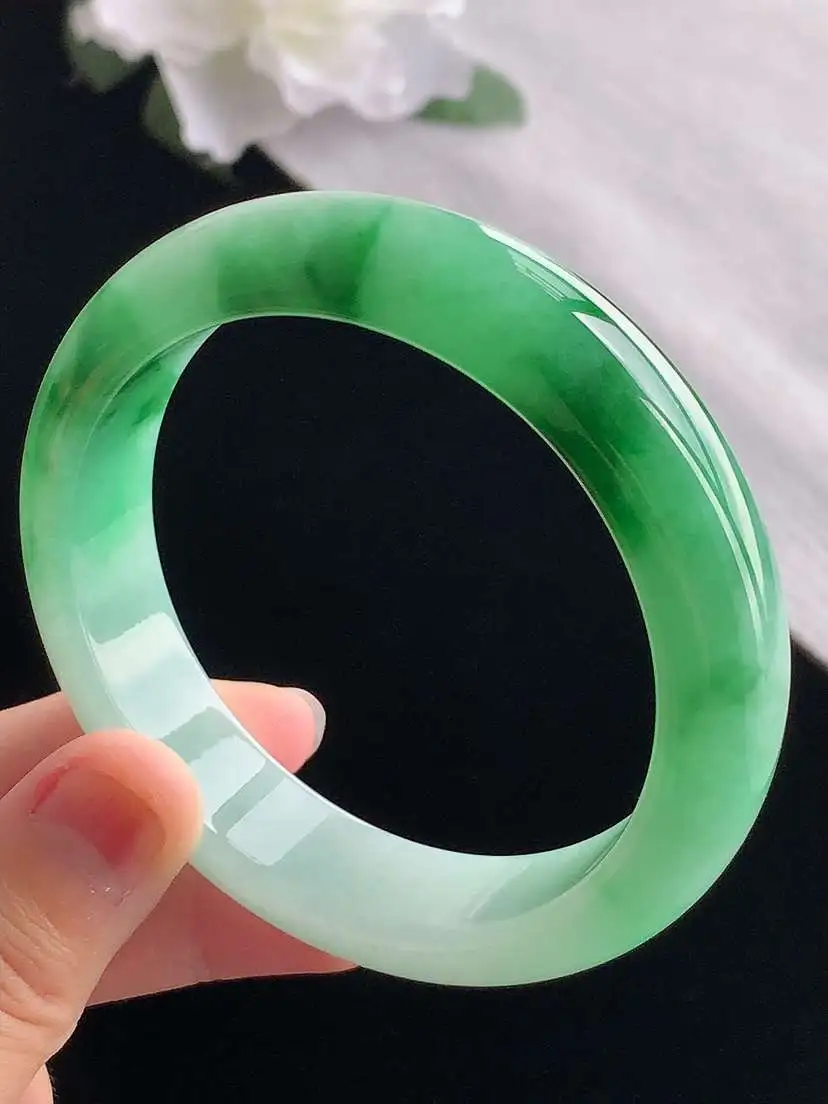 a货翡翠老坑冰种飘绿半山半水正装正圈手镯58-59圈口  尺寸58.3×14.5×8.5mm 重量72.06g 1031 A87