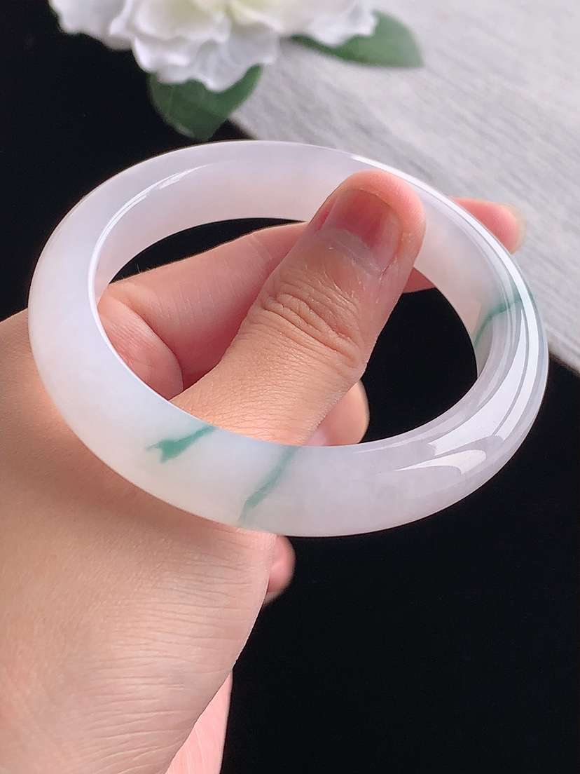 a货翡翠老坑冰种飘花正装正圈手镯54-55圈口  尺寸54.5×11.5×8.6mm 重量56.93g 1101