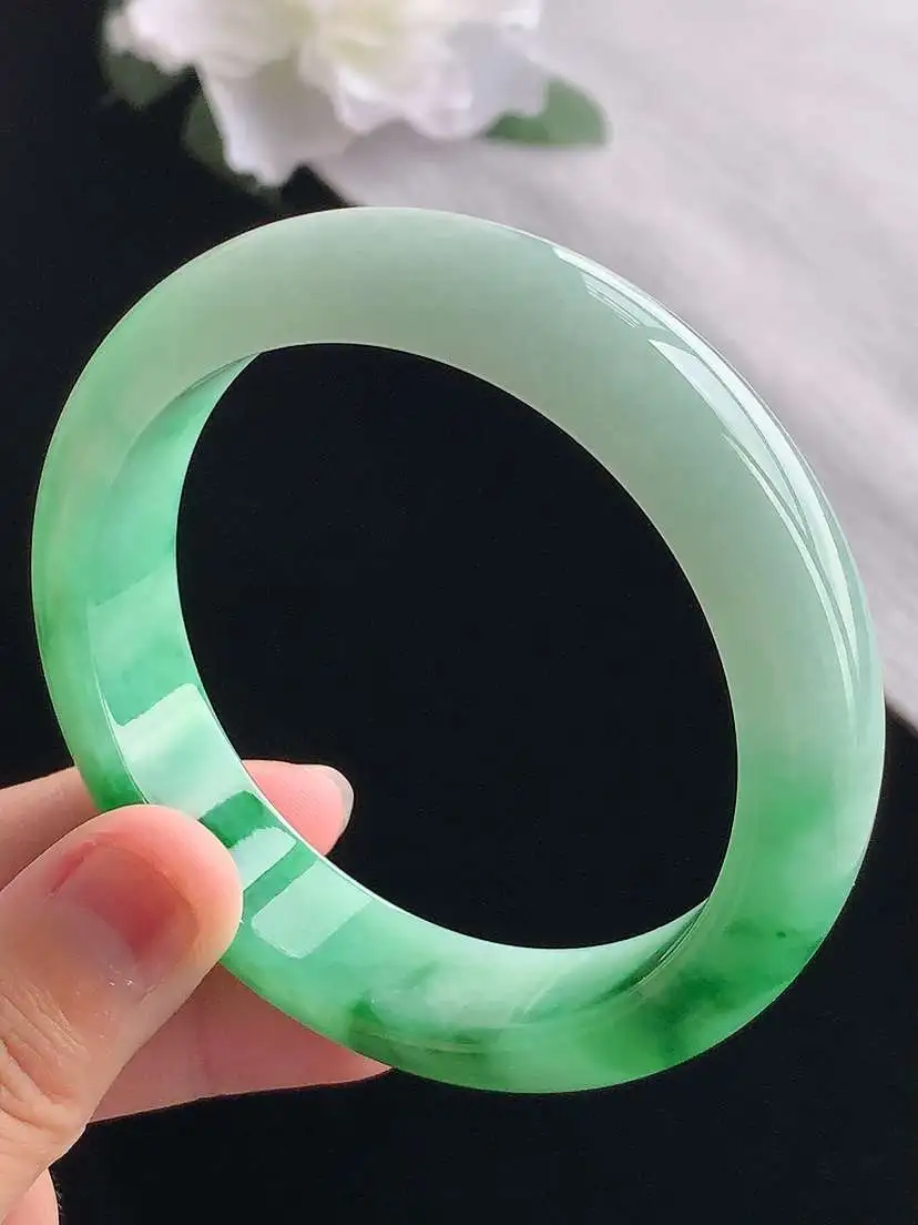 a货翡翠老坑冰种飘绿半山半水正装正圈手镯58-59圈口  尺寸58.3×14.5×8.5mm 重量72.06g 1031 A87