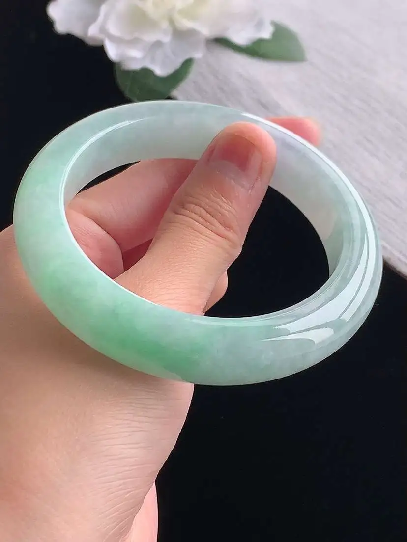 a货翡翠老坑冰种飘绿厚装正装正圈手镯59-60大圈口  尺寸59.3×13×9.9mm 重量81.76g 1101