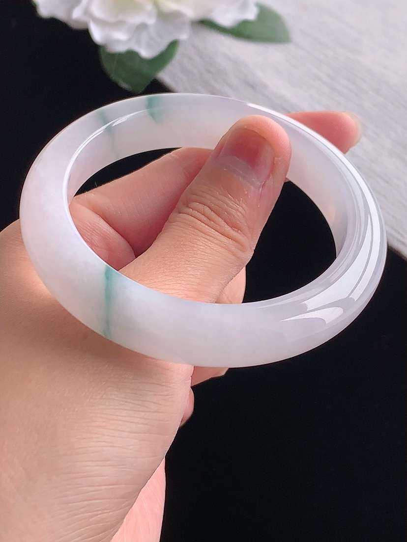 a货翡翠老坑冰种飘花正装正圈手镯54-55圈口  尺寸54.5×11.5×8.6mm 重量56.93g 1101