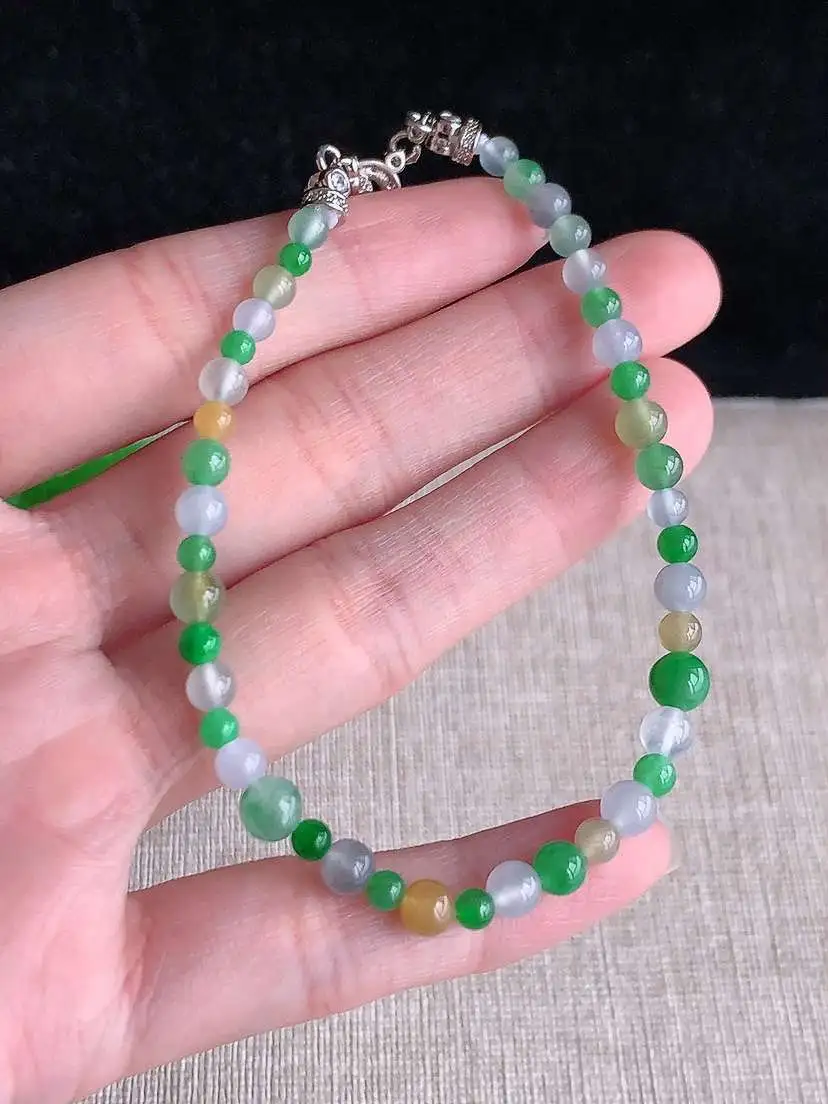 a货翡翠老坑冰种多彩圆珠佛珠手串  尺寸5.5mm 重量7.68g 1101