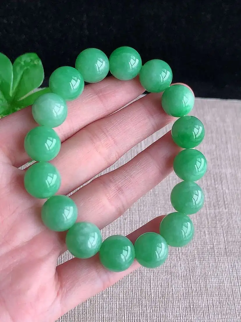 a货翡翠老坑冰种满绿圆珠佛珠手串16颗 尺寸12.3mm 重量53.46g 1101