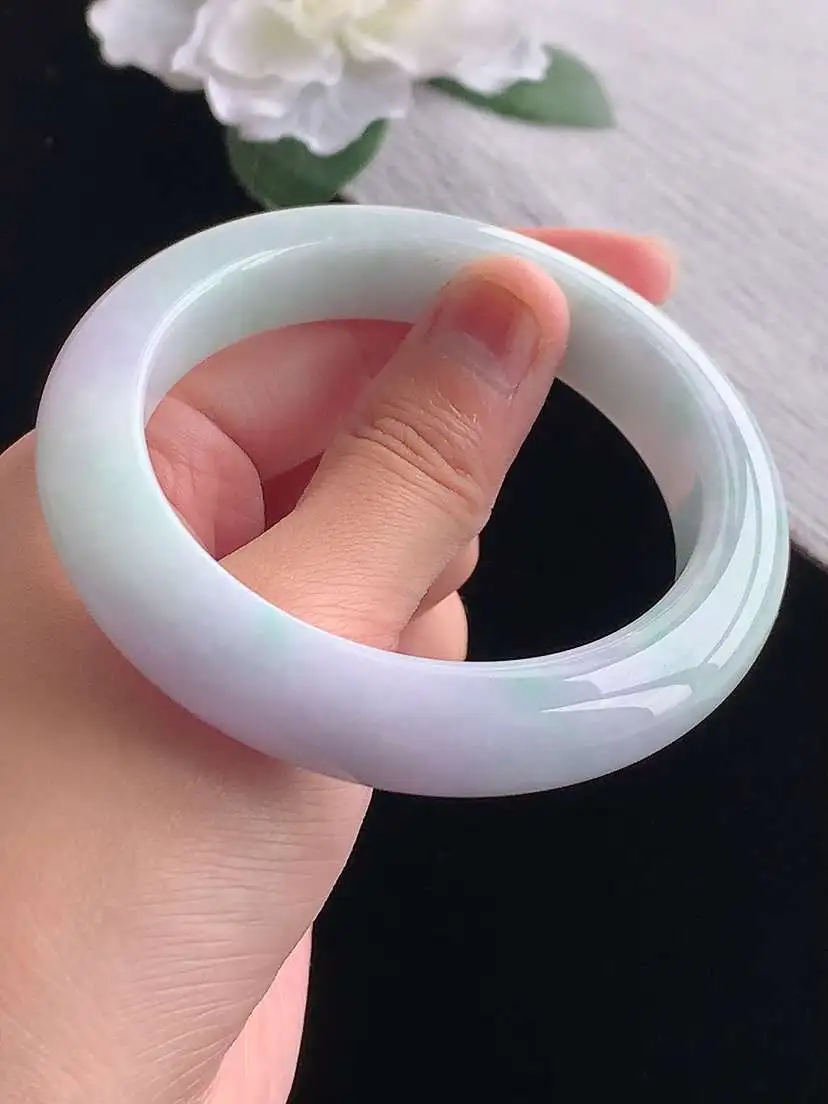 a货翡翠老坑冰种春带彩紫罗兰飘绿厚装正装正圈手镯58-59圈口  尺寸58.5×12.5×10mm 重量79.06g 1101