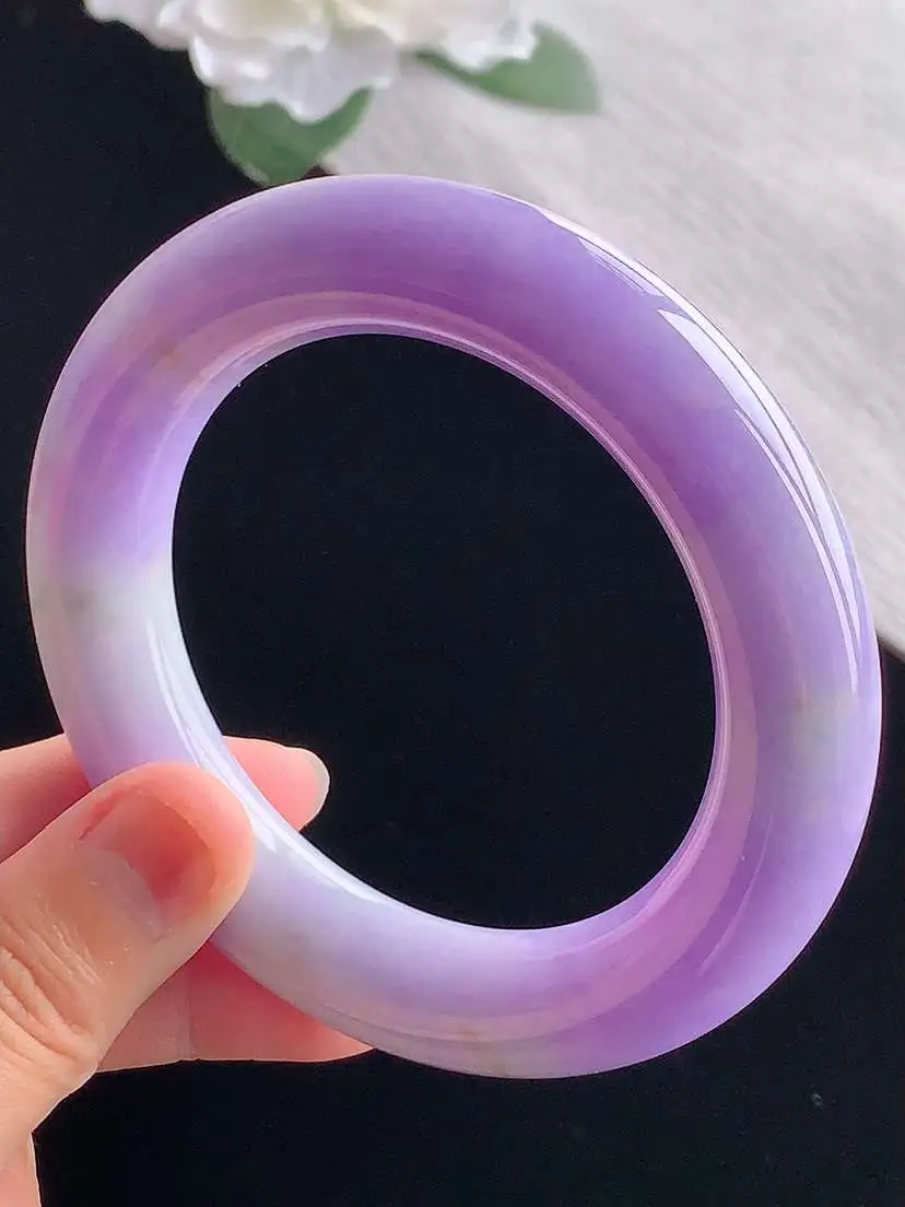 a货翡翠老坑冰种紫罗兰胖圆条手镯57-58圈口  尺寸57.8×13mm 重量100.26g 110
