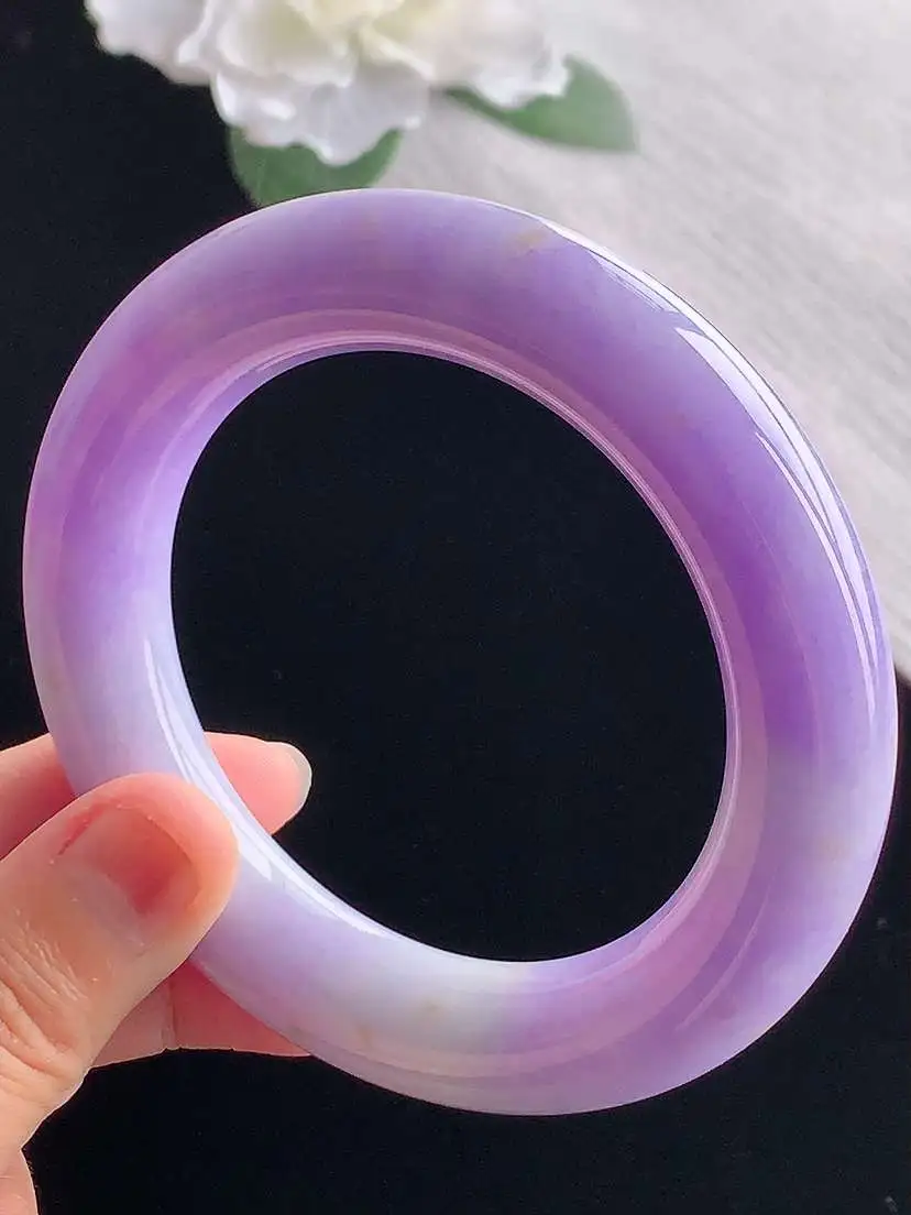 a货翡翠老坑冰种紫罗兰胖圆条手镯57-58圈口  尺寸57.8×13mm 重量100.26g 110
