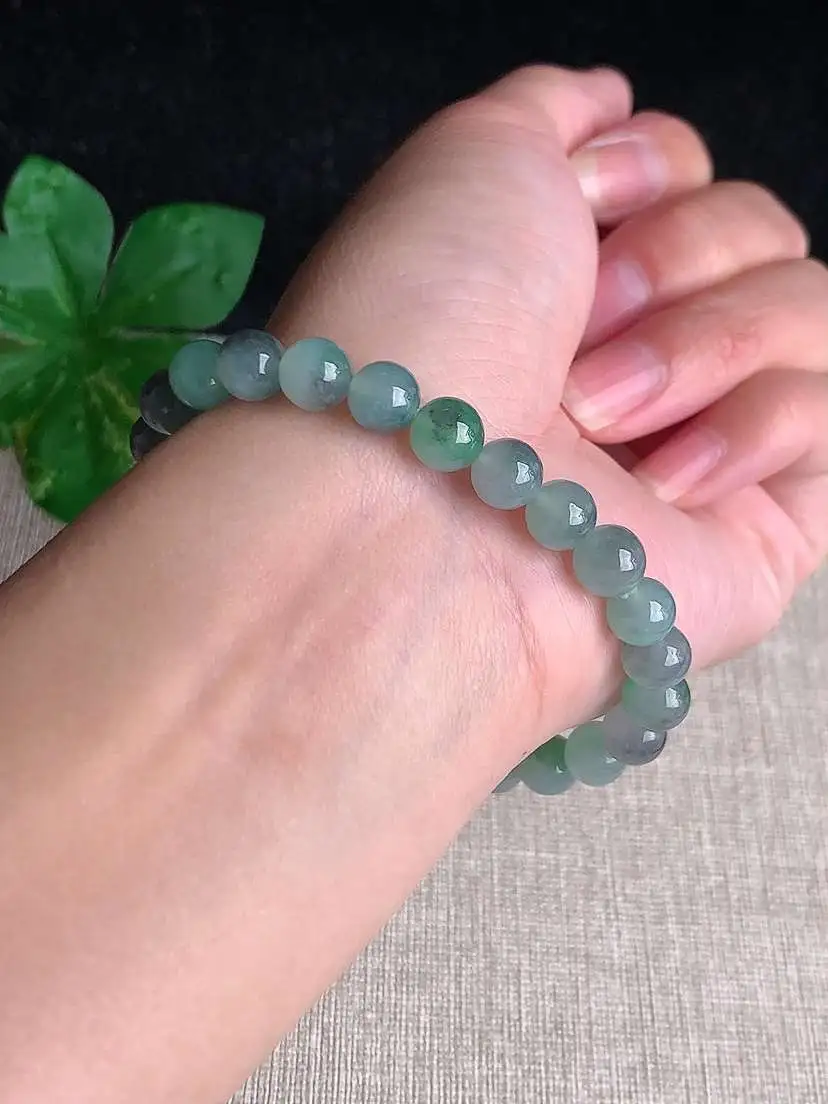 a货翡翠老坑冰种飘绿乌鸡种圆珠佛珠手串25颗  尺寸7.3mm 重量17.56g 1103