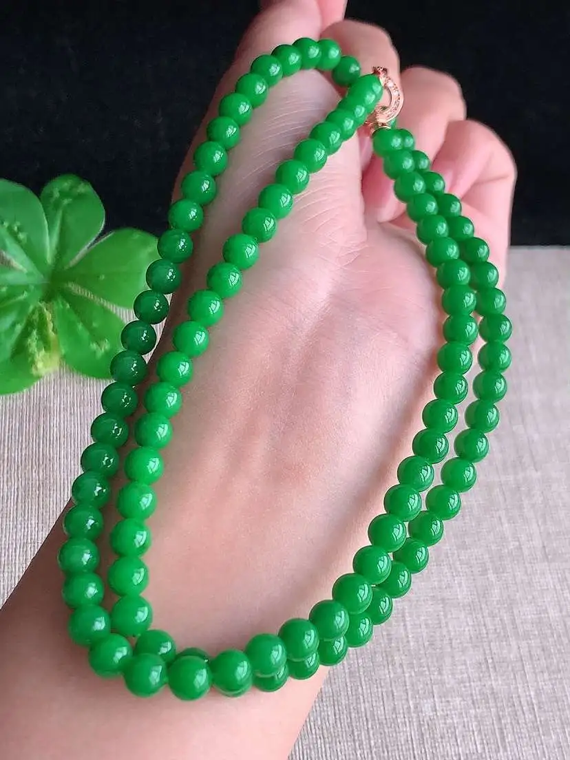 a货翡翠老坑冰种阳绿圆珠项链毛衣链98颗  尺寸5.8mm 重量38.85g 1102 A81