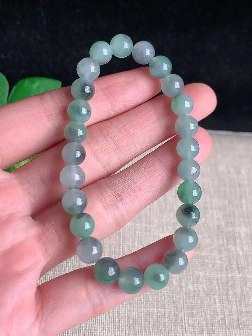 a货翡翠老坑冰种飘绿乌鸡种圆珠佛珠手串25颗  尺寸7.3mm 重量17.56g 1103