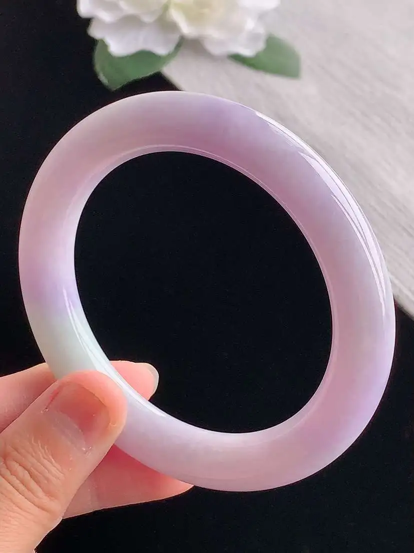 a货翡翠老坑冰种紫罗兰圆条手镯57-58圈口  尺寸57.5×11mm 重量66.78g 1102