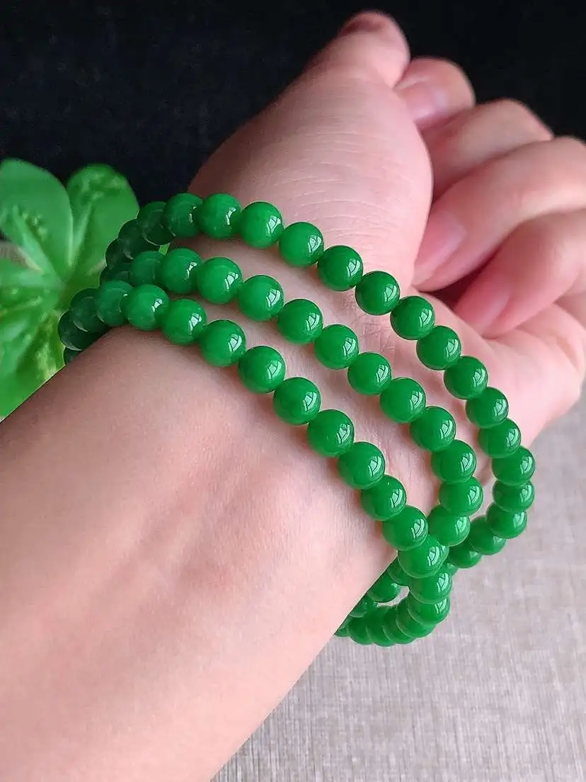 a货翡翠老坑冰种阳绿圆珠项链毛衣链98颗  尺寸5.8mm 重量38.85g 1102 A81