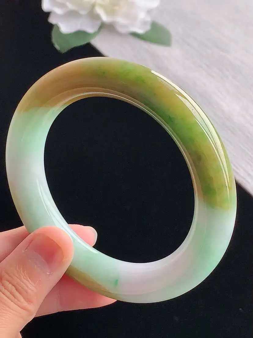 a货翡翠老坑冰润黄加绿双彩胖圆条手镯57-58圈口 尺寸57.2×11.8mm 重量86.28g 1