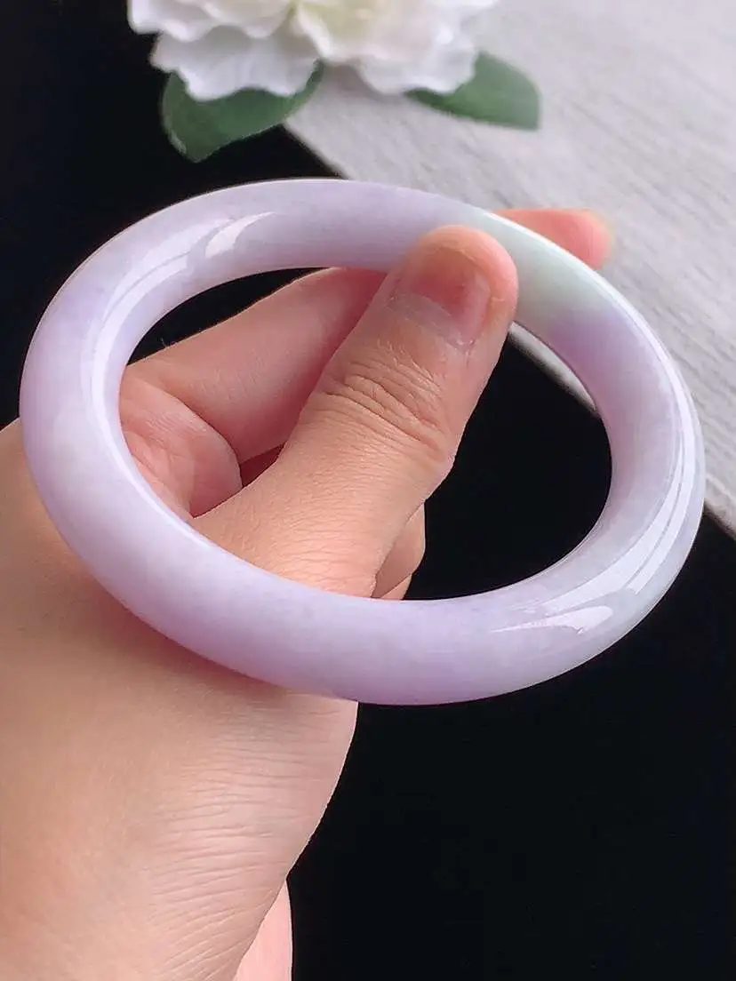 a货翡翠老坑冰种紫罗兰圆条手镯57-58圈口  尺寸57.5×11mm 重量66.78g 1102