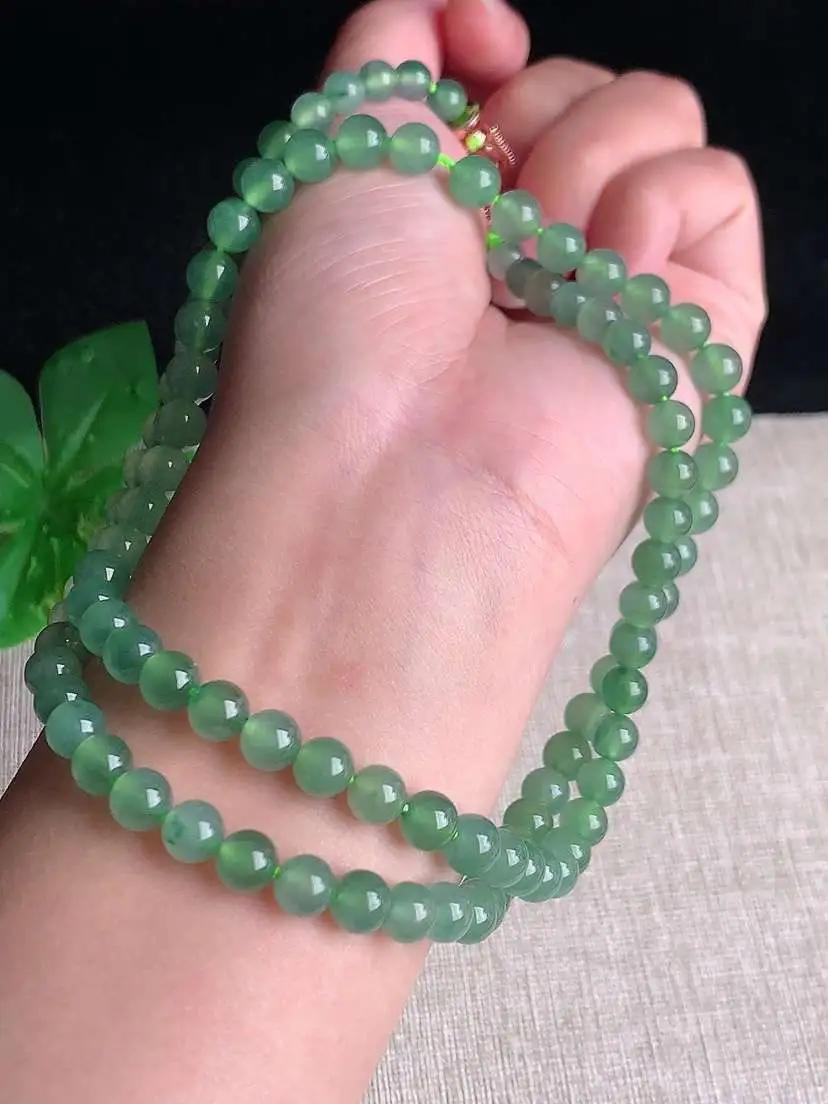 a货翡翠老坑冰种满绿晴水飘花项链毛衣链98颗  尺寸6mm 重量45.25g 1102