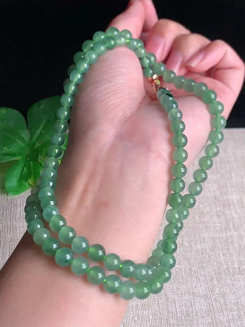 a货翡翠老坑冰种满绿晴水飘花项链毛衣链98颗  尺寸6mm 重量45.25g 1102
