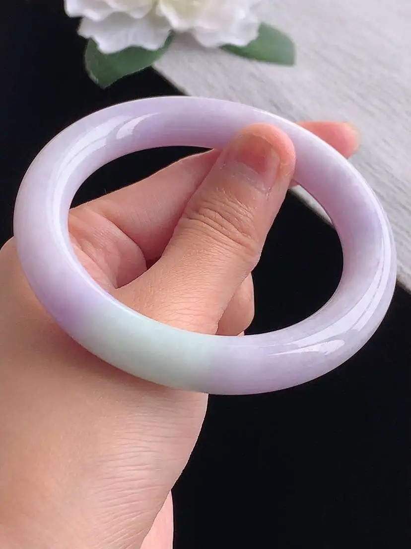 a货翡翠老坑冰种紫罗兰圆条手镯57-58圈口  尺寸57.5×11mm 重量66.78g 1102