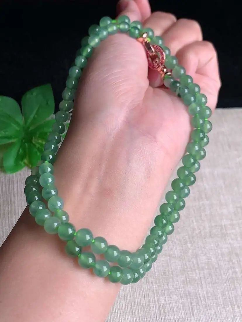 a货翡翠老坑冰种满绿晴水飘花项链毛衣链98颗  尺寸6mm 重量45.25g 1102