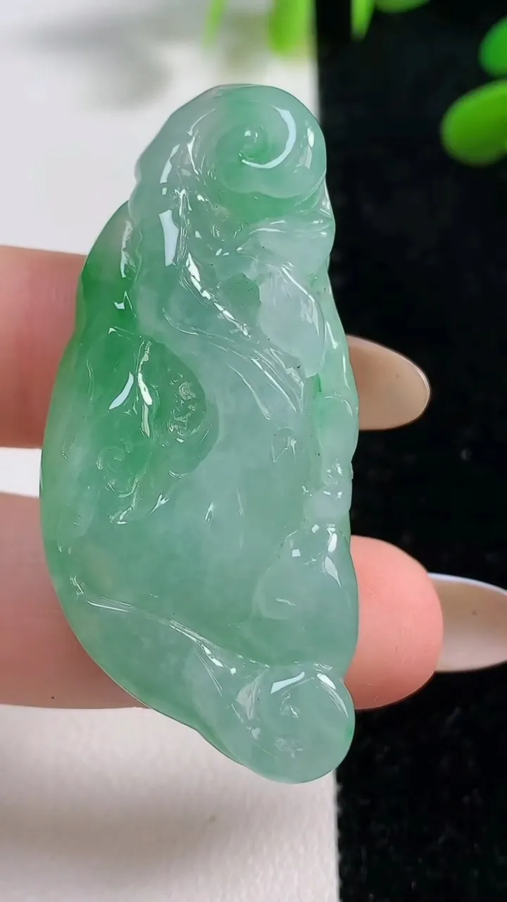 天然A货翡翠如意吊坠，尺寸49-22-8，重:17.11g
11月4日