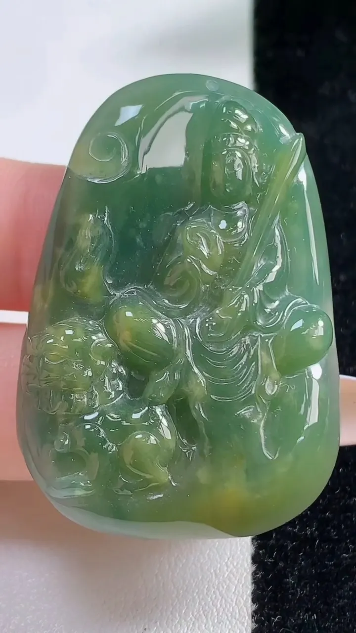 天然A货翡翠蓝水双彩文殊菩萨吊坠，尺寸45.5-31.8-6，重:19.28g
11月4日