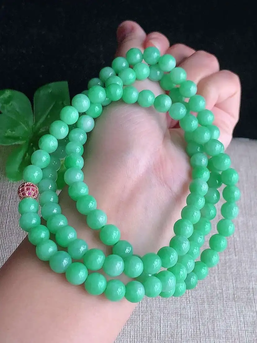 a货翡翠老坑冰种满绿圆珠项链毛衣链108颗  尺寸7.5mm 重量84.50g 1104