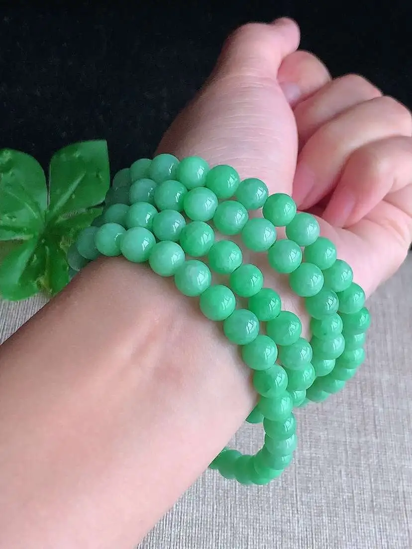 a货翡翠老坑冰种满绿圆珠项链毛衣链108颗  尺寸7.5mm 重量84.50g 1104