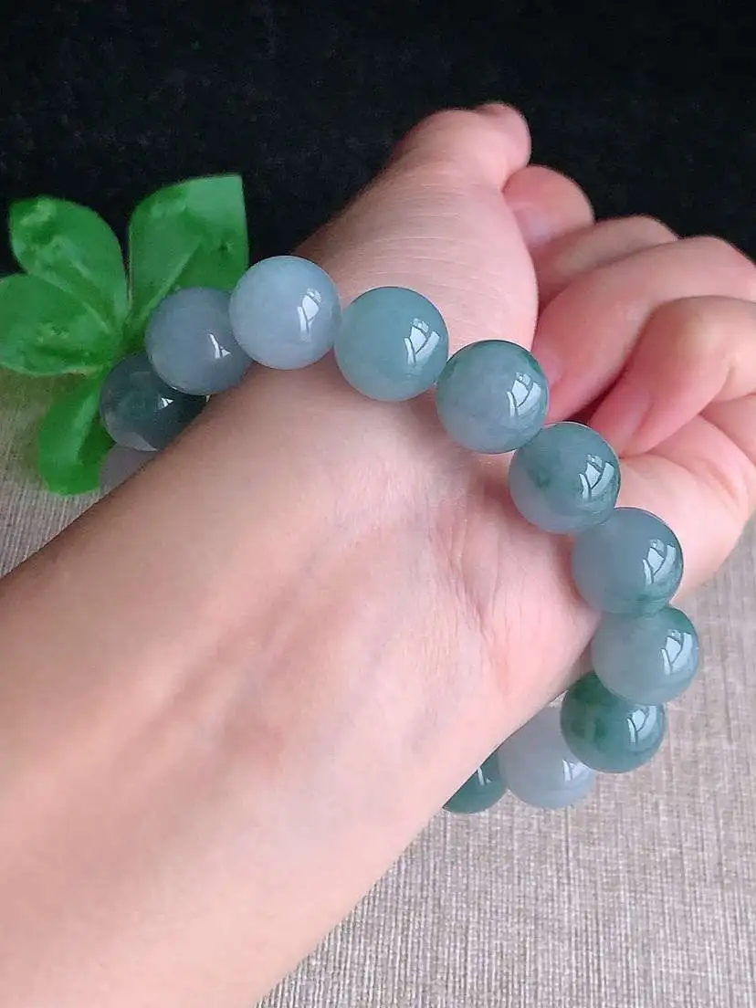 a货翡翠老坑冰种飘花圆珠佛珠手串16颗  尺寸12.4mm 重量55.00g 1104