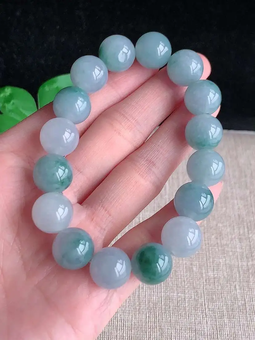 a货翡翠老坑冰种飘花圆珠佛珠手串16颗  尺寸12.4mm 重量55.00g 1104