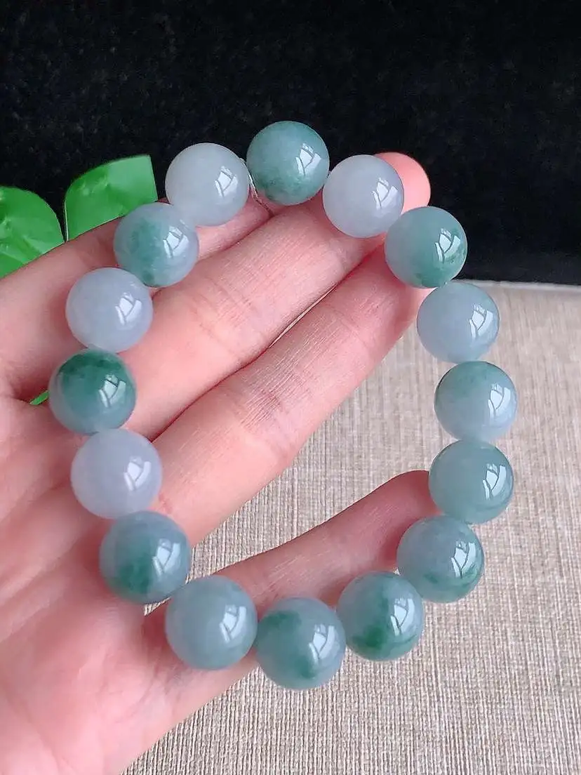 a货翡翠老坑冰种飘花圆珠佛珠手串16颗  尺寸12.4mm 重量55.00g 1104