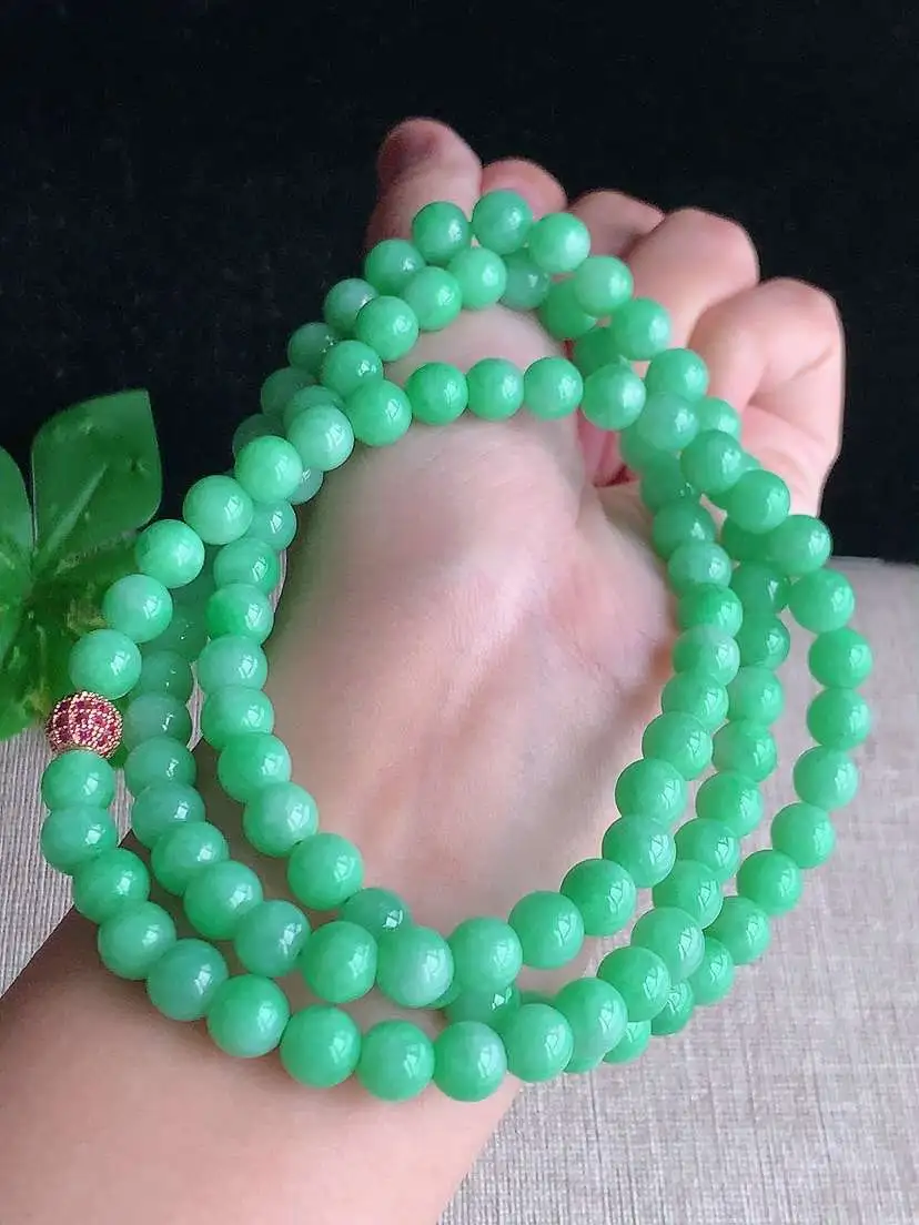 a货翡翠老坑冰种满绿圆珠项链毛衣链108颗  尺寸7.5mm 重量84.50g 1104