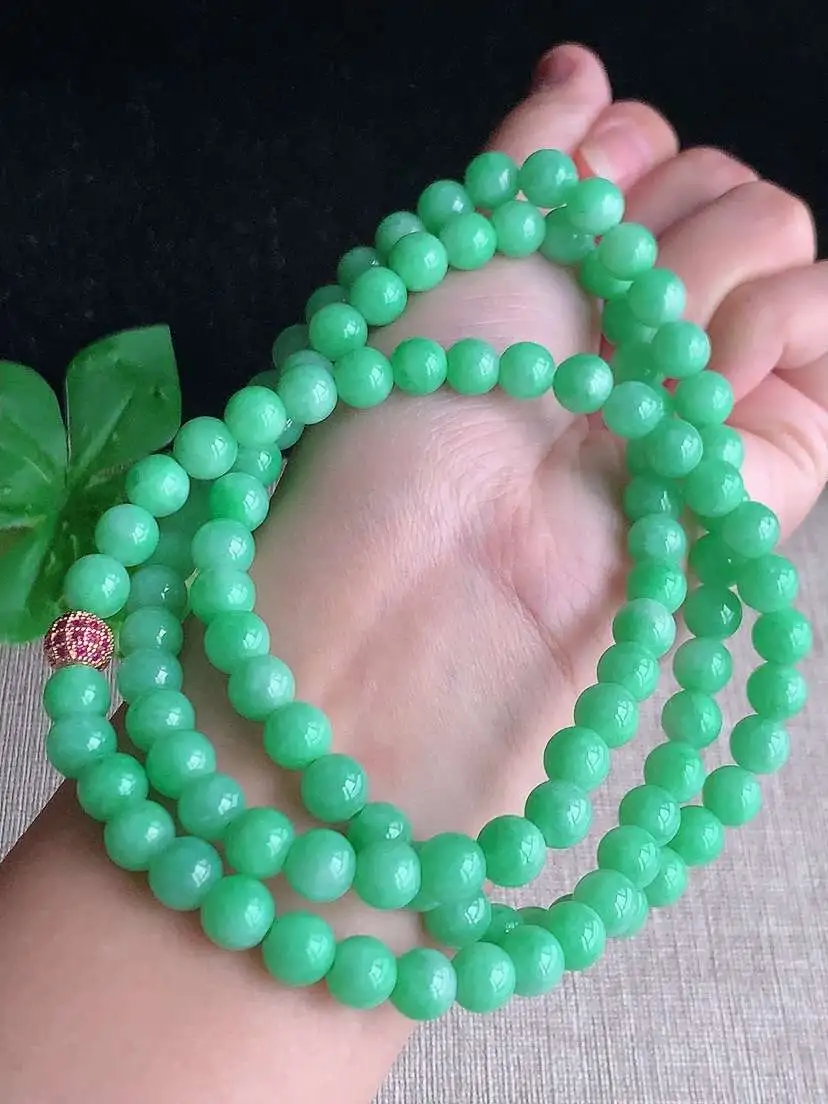 a货翡翠老坑冰种满绿圆珠项链毛衣链108颗  尺寸7.5mm 重量84.50g 1104