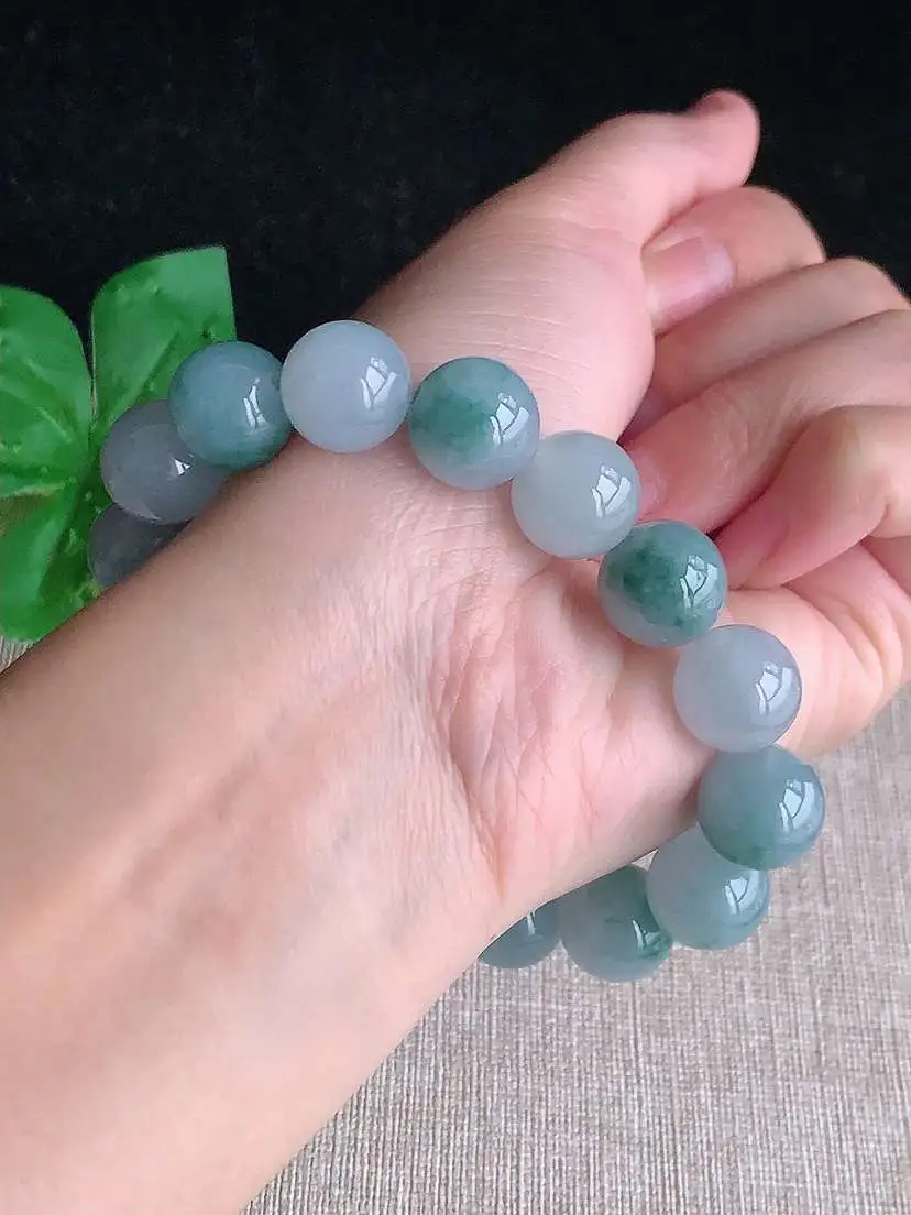 a货翡翠老坑冰种飘花圆珠佛珠手串16颗  尺寸12.4mm 重量55.00g 1104