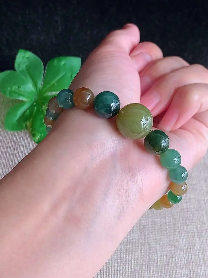 a货翡翠老坑冰种多彩圆珠佛珠手串27颗  尺寸14.5/5.8/11mm 重量22.00g 1105