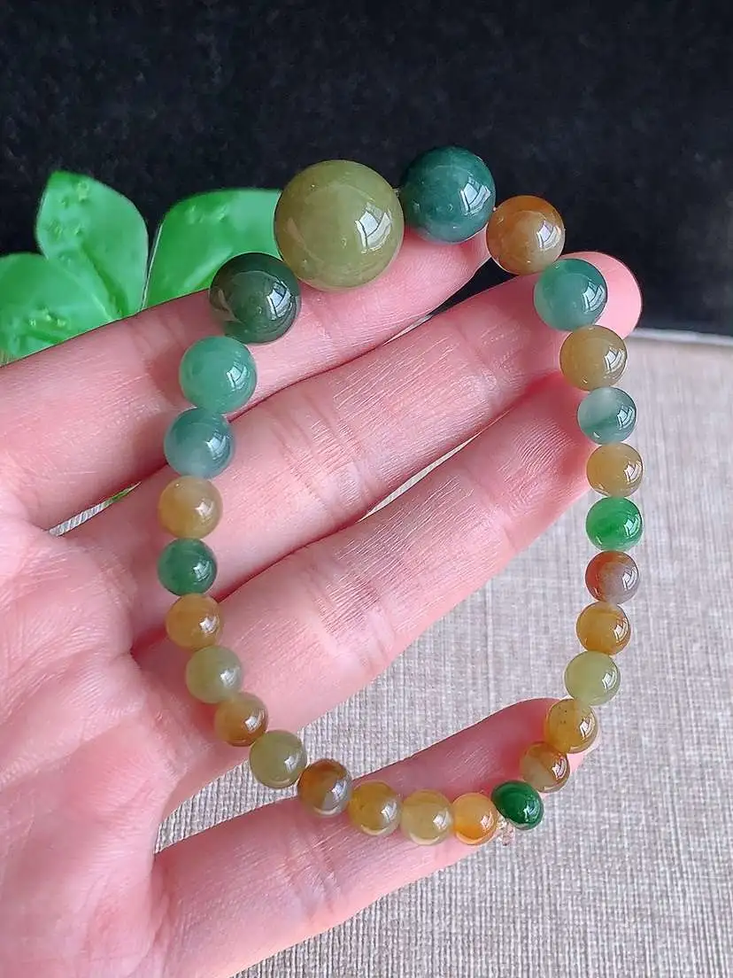 a货翡翠老坑冰种多彩圆珠佛珠手串27颗  尺寸14.5/5.8/11mm 重量22.00g 1105