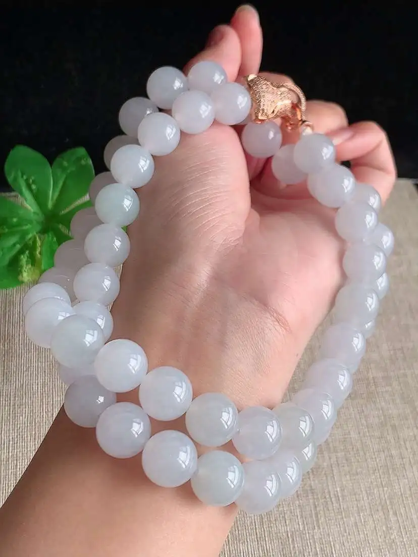 a货翡翠老坑冰种白月光圆珠项链毛衣链51颗  尺寸12mm 重量157.70g 1106