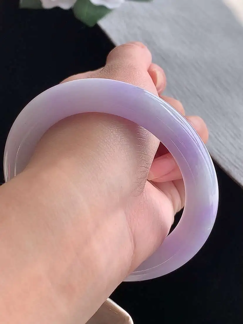 a货翡翠老坑冰种紫罗兰圆条手镯57-58圈口  尺寸57.8×11mm 1105