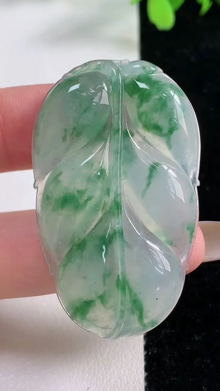 天然A货翡翠种飘花金枝玉叶 叶子吊坠，尺寸48.5-29.5-5.3，重量:14.32g
11月9日