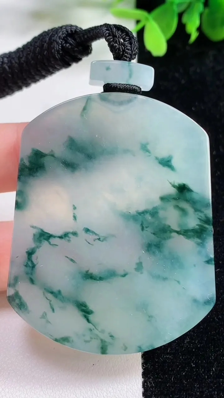 天然A货翡翠种飘花无事牌吊坠，尺寸55.4-44-6.7，重量:48.66g
11月9日