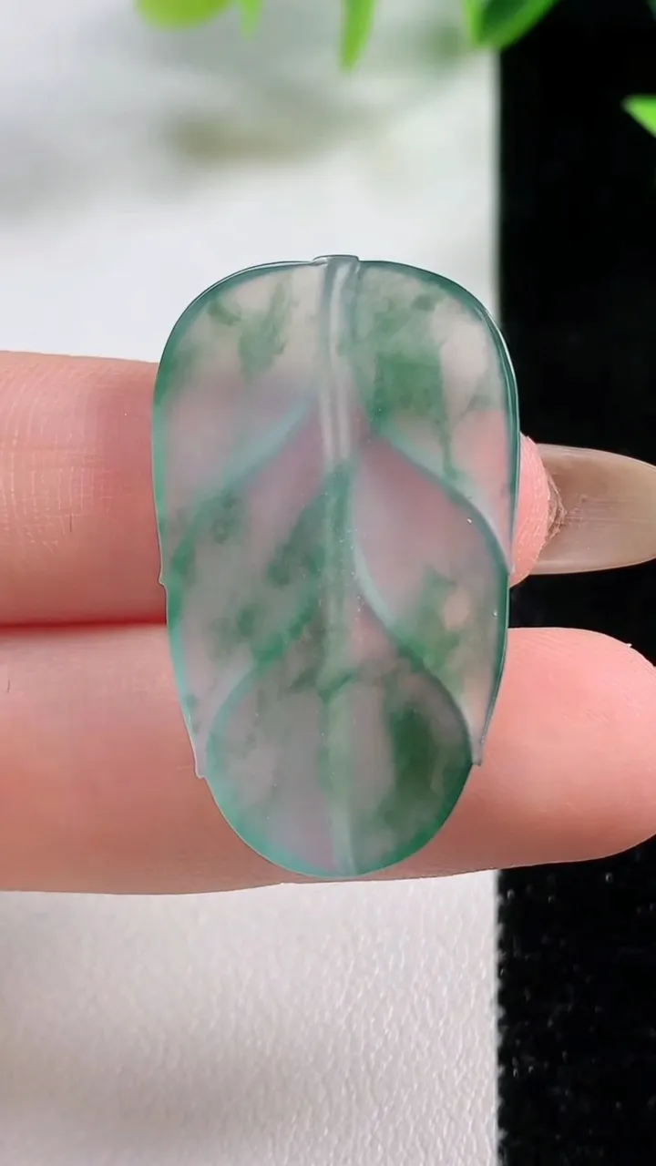 天然A货翡翠冰种飘花金枝玉叶 叶子镶嵌件，尺寸34.3-20.4-2.6，重量:3.98g
11月9日