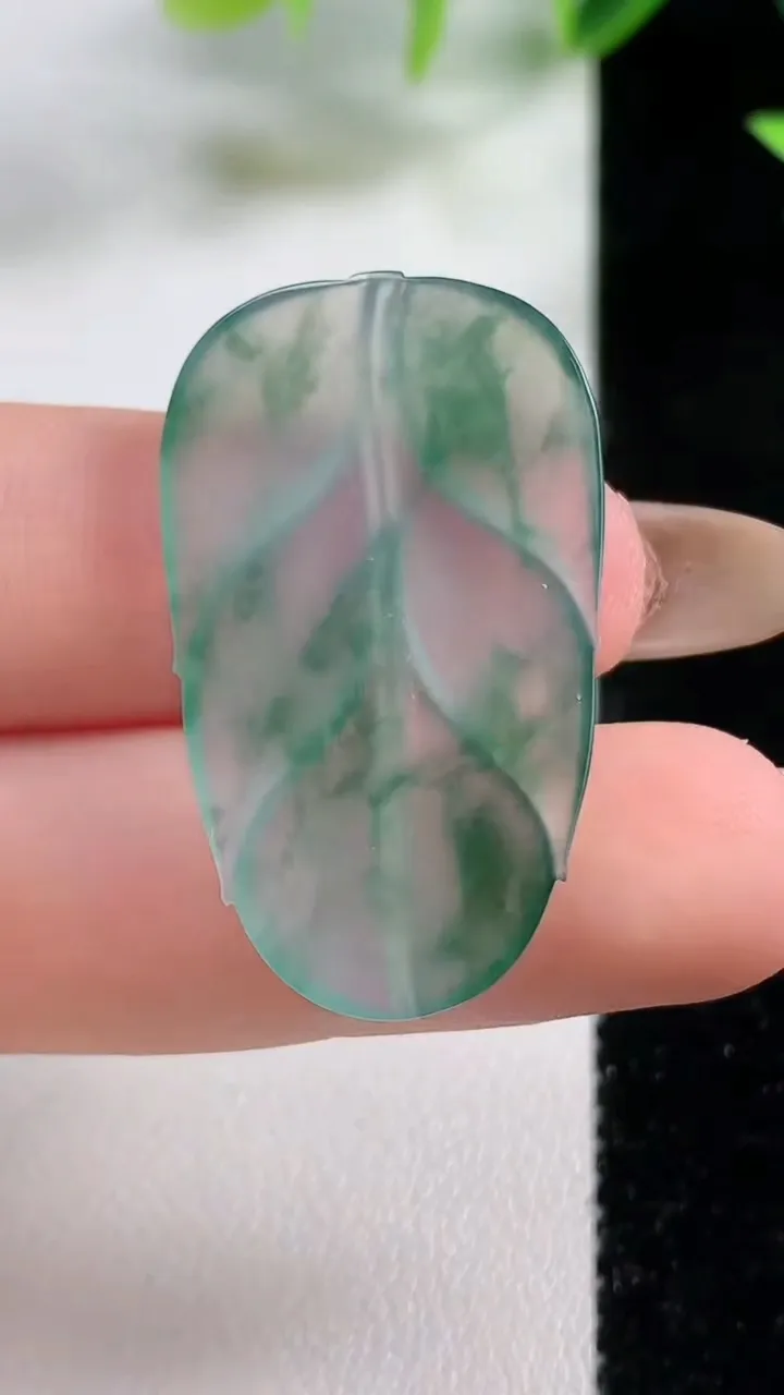 天然A货翡翠冰种飘花金枝玉叶 叶子镶嵌件，尺寸34.3-20.4-2.6，重量:3.98g
11月9日