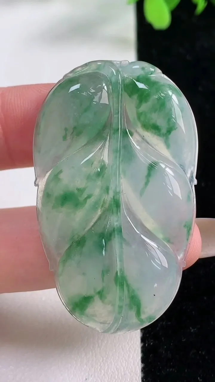 天然A货翡翠种飘花金枝玉叶 叶子吊坠，尺寸48.5-29.5-5.3，重量:14.32g
11月9日